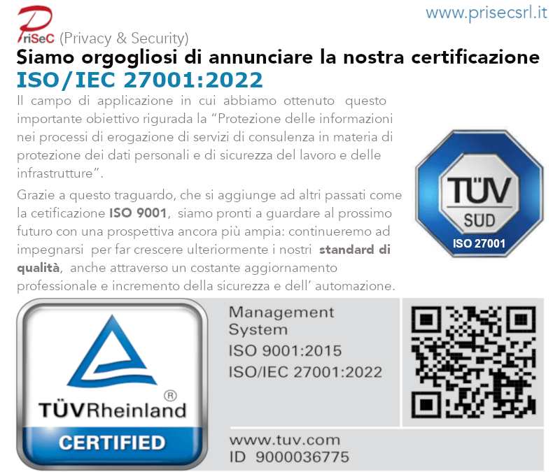 Siamo Certificati ISO/IEC 27001
